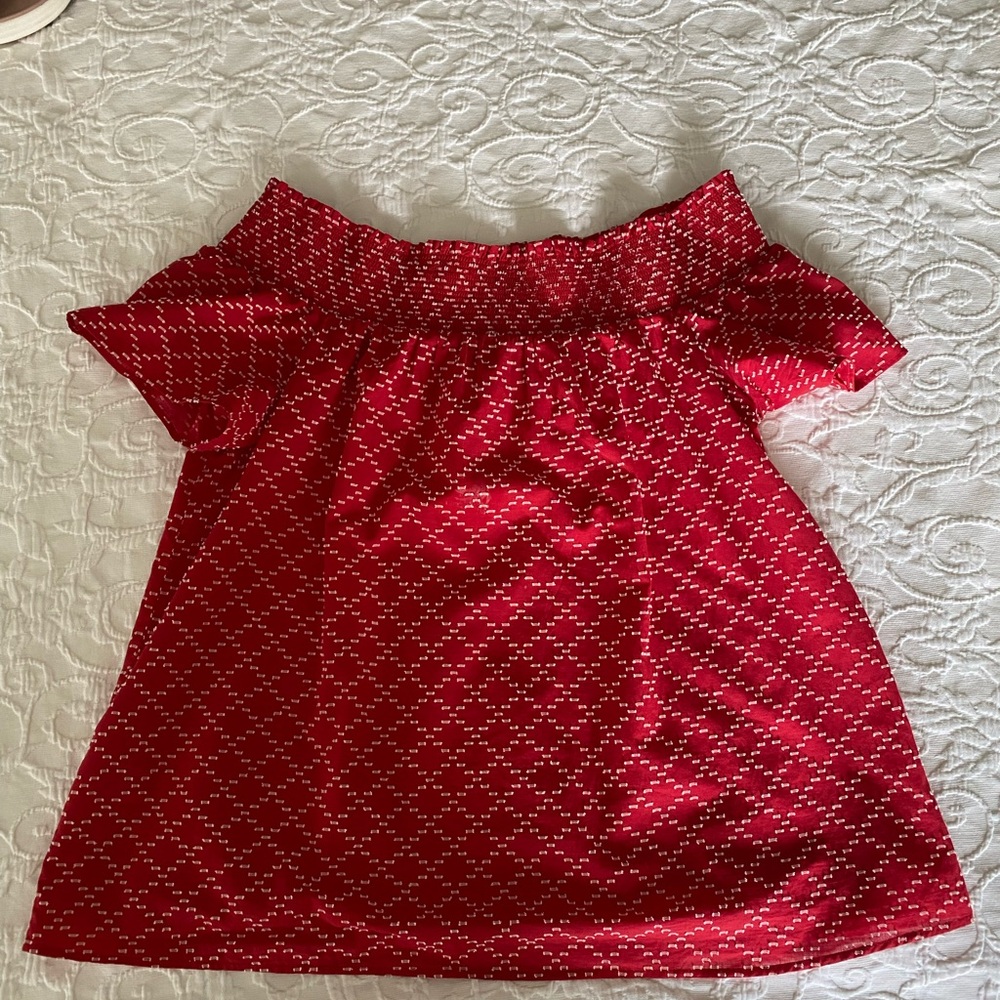 Ann Taylor Red and White Textured Off Shoulder Blouse
